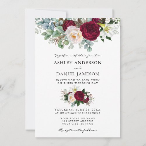 Watercolor Burgundy Floral Greenery Wedding W Invitation