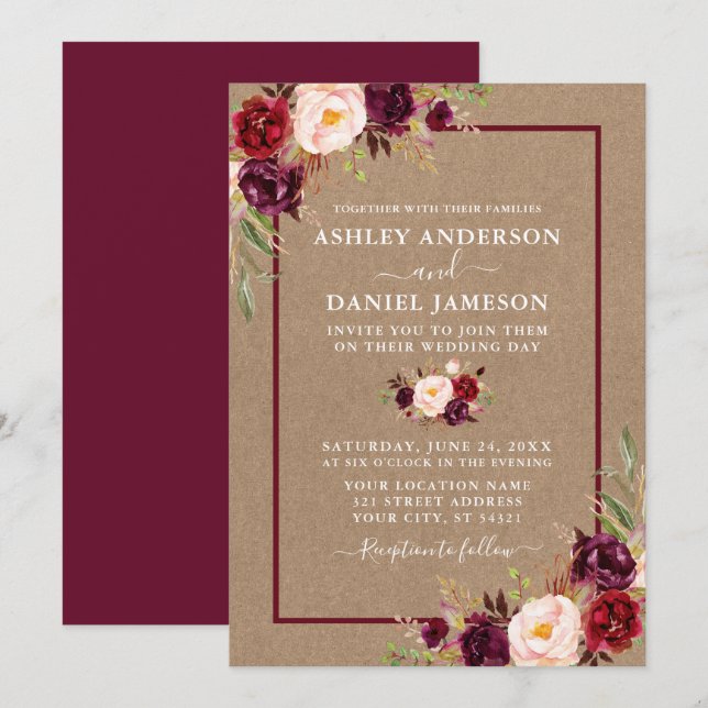 Watercolor Burgundy Floral Kraft Wedding Invitation (Front/Back)