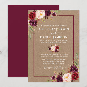 Watercolor Burgundy Floral Kraft Wedding Invitation