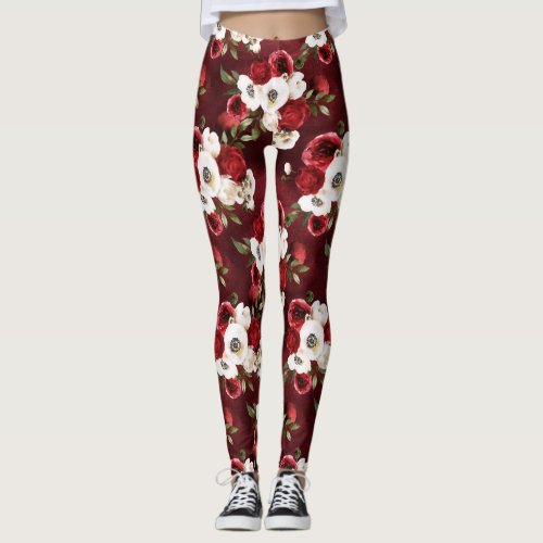 Watercolor Burgundy Floral  Leggings