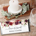 Watercolor Burgundy Floral Love is Sweet Wedding Hershey Bar Favors<br><div class="desc">Modern Elegant Watercolor Burgundy Floral Love Is Sweet Chocolate Candy Bar Wedding Favors. Includes burgundy roses,  pink roses,  red roses and botanical greenery. Bride and Groom Name.</div>