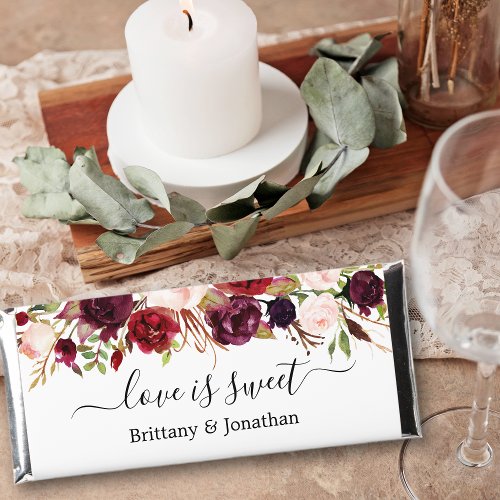 Watercolor Burgundy Floral Love is Sweet Wedding Hershey Bar Favors