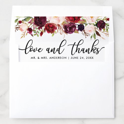 Watercolor Burgundy Floral Love Thanks Names Envelope Liner