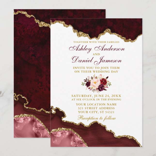 Watercolor Burgundy Floral Marble Geode Wedding Invitation (Front/Back)