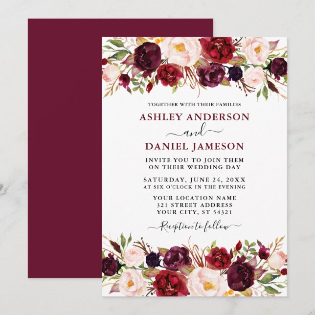 Watercolor Burgundy Floral Modern Wedding Invitation (Front/Back)