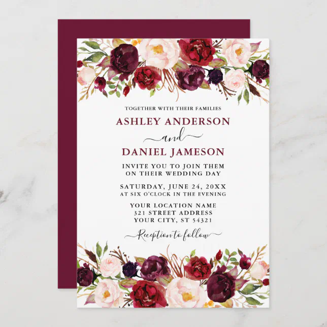 Watercolor Burgundy Floral Modern Wedding Invitation | Zazzle