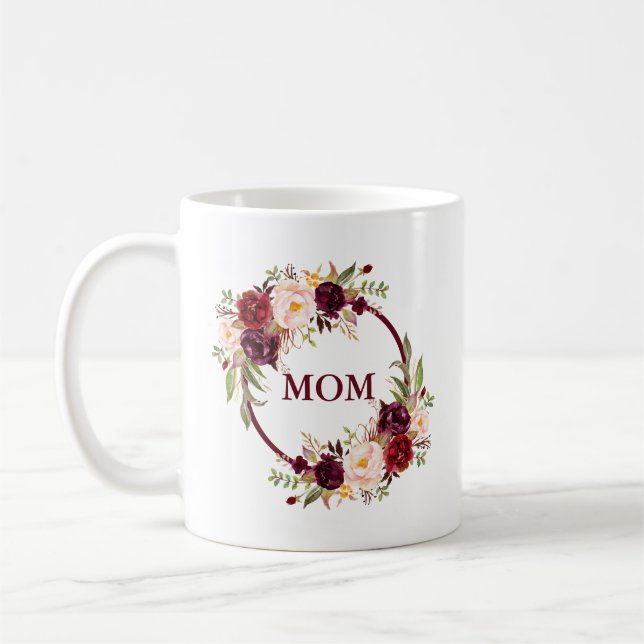 Watercolor Burgundy Floral Mom Coffee Mug (Left)
