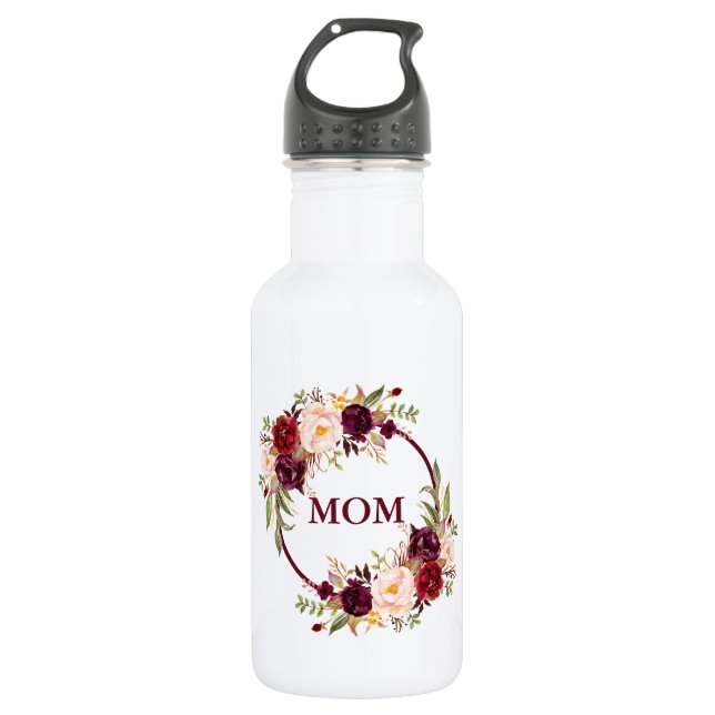 Watercolor Burgundy Floral Mom Stainless Steel Water Bottle (Front)