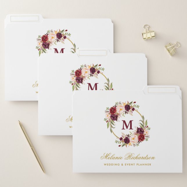 Watercolor Burgundy Floral Monogram File Folder (Set)
