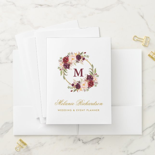 Watercolor Burgundy Floral Monogram Gold Pocket Folder (In Situ)