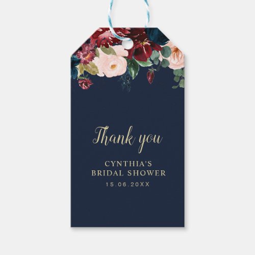 watercolor burgundy floral navy blue bridal shower gift tags