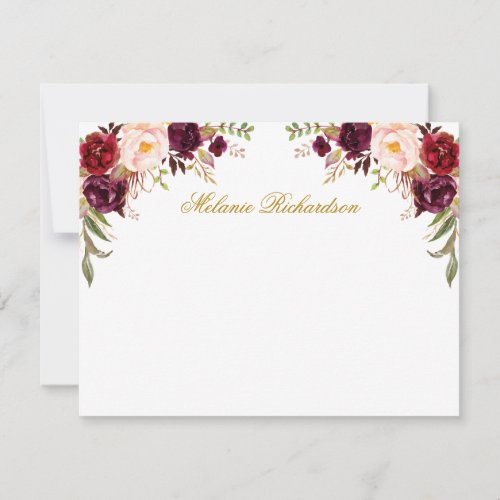 Watercolor Burgundy Floral Personalized Gold Note Card