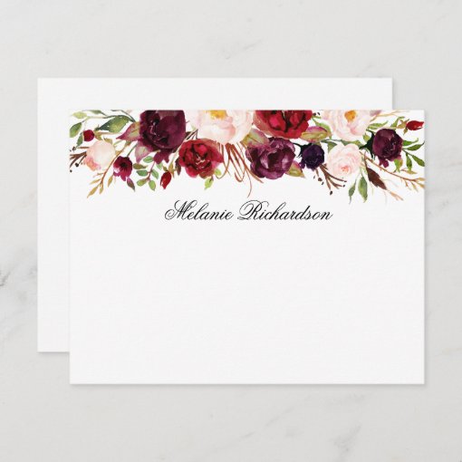 Watercolor Burgundy Floral Personalized Note Card | Zazzle