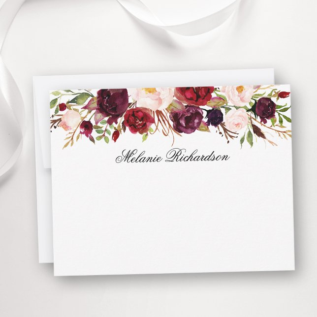 Watercolor Burgundy Floral Personalized Note Card (Customize to change text color,  text style or to add more text to back of card.)