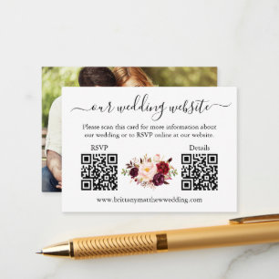 Watercolor Burgundy Floral Photo 2 QR RSVP Details Enclosure Card