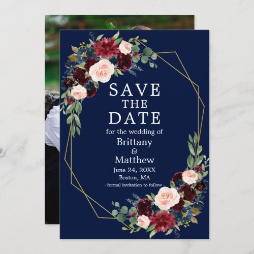 Watercolor Burgundy Floral Photo Geo Frame Blue Save The Date