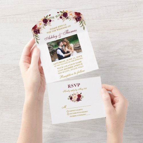 Watercolor Burgundy Floral Photo Gold Wedding All In One Invitation