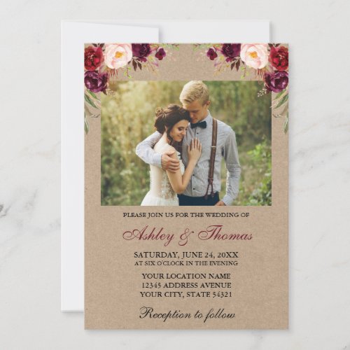 Watercolor Burgundy Floral Photo Kraft Wedding Invitation