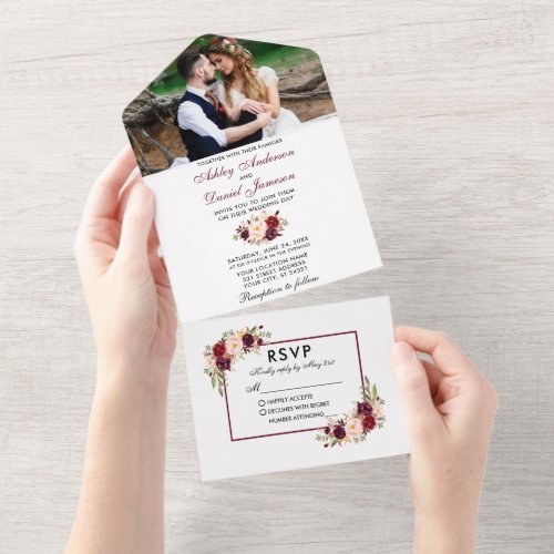 Watercolor Burgundy Floral Photo Wedding All In One Invitation