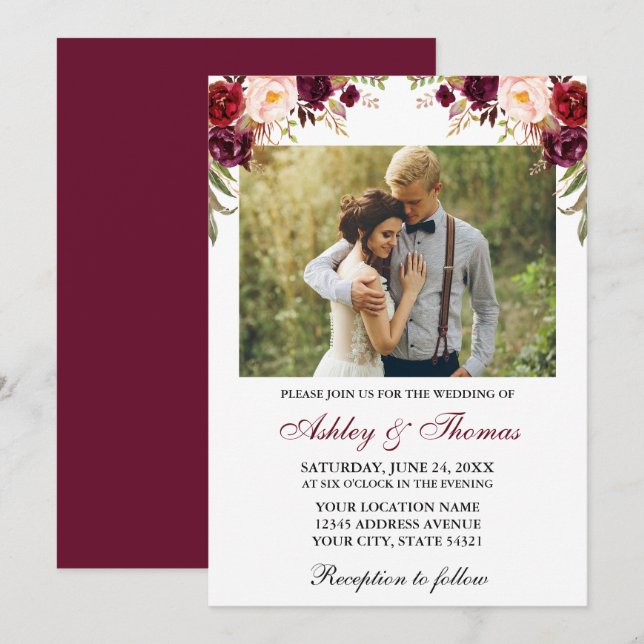 Watercolor Burgundy Floral Photo Wedding Invitation (Front/Back)