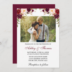 Watercolor Burgundy Floral Photo Wedding Invitation