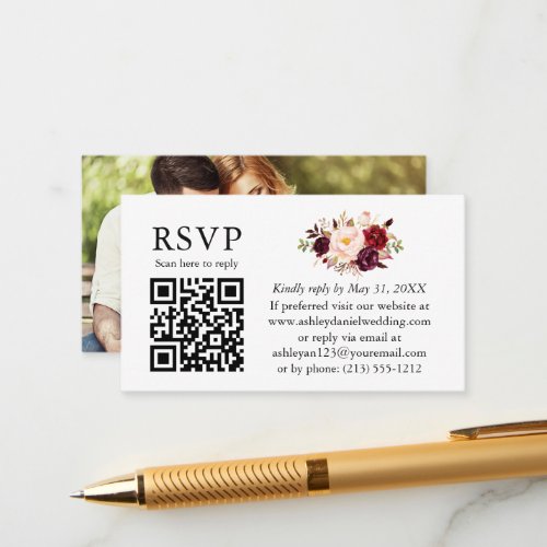 Watercolor Burgundy Floral Photo Wedding QR RSVP Enclosure Card