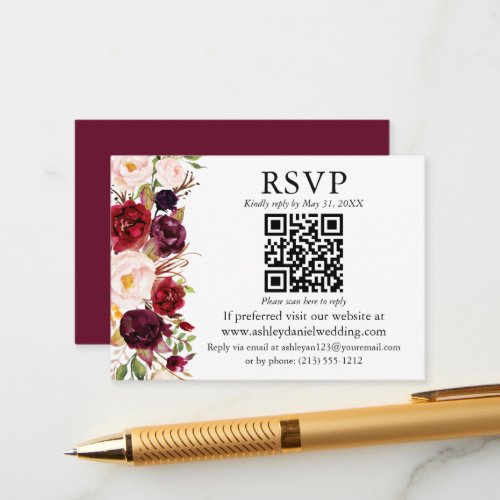 Watercolor Burgundy Floral QR RSVP Wedding Enclosure Card