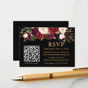 Watercolor Burgundy Floral QR Wedding RSVP Black Enclosure Card