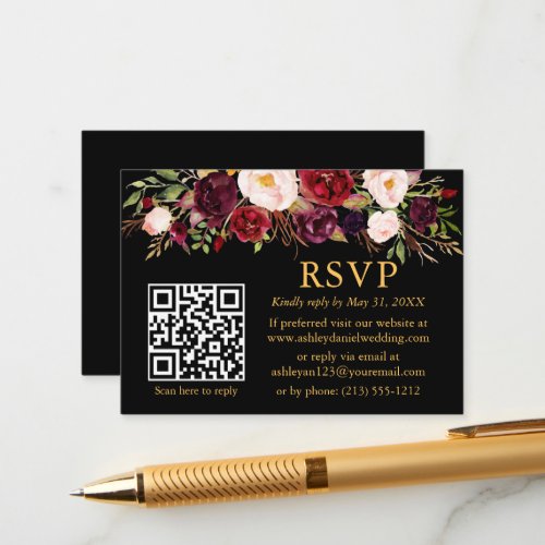 Watercolor Burgundy Floral QR Wedding RSVP Black Enclosure Card