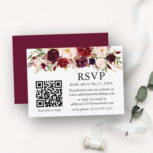 Watercolor Burgundy Floral QR Wedding RSVP Enclosure Card