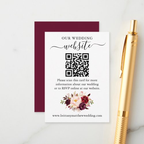Watercolor Burgundy Floral QR Wedding Website Enclosure Card