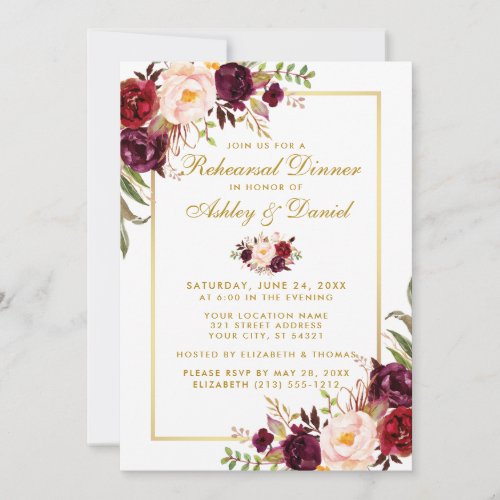 Watercolor Burgundy Floral Rehearsal Dinner Gold W Invitation