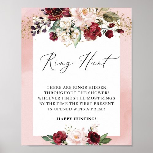 Watercolor Burgundy Floral Ring Hunter Game Sign