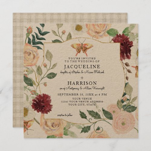 Watercolor Burgundy Floral Rose Butterfly Kraft Invitation