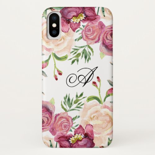 Watercolor Burgundy Floral Rose Leaf Foliage iPhone X Case