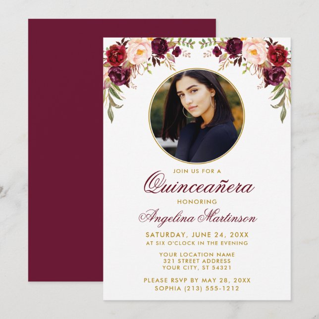 Watercolor Burgundy Floral Round Frame Quinceanera Invitation (Front/Back)