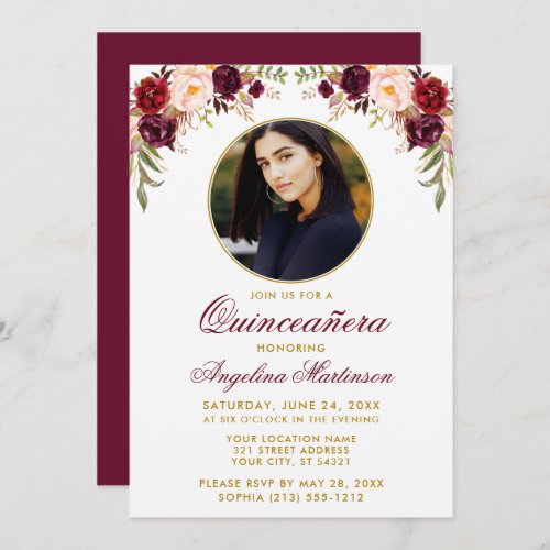 Watercolor Burgundy Floral Round Frame Quinceanera Invitation