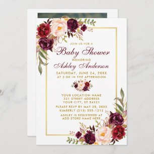 Watercolor Burgundy Floral Shower Gold Photo Invitation
