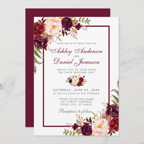 Watercolor Burgundy Floral Silver Wedding Invitation