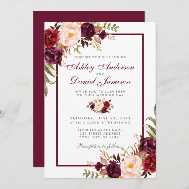 Watercolor Burgundy Floral Silver Wedding Invitation | Zazzle