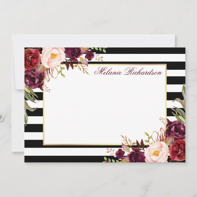 Watercolor Burgundy Floral Striped Elegant Note Card (Front)