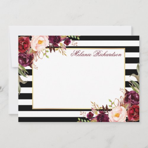 Watercolor Burgundy Floral Striped Elegant Note Card