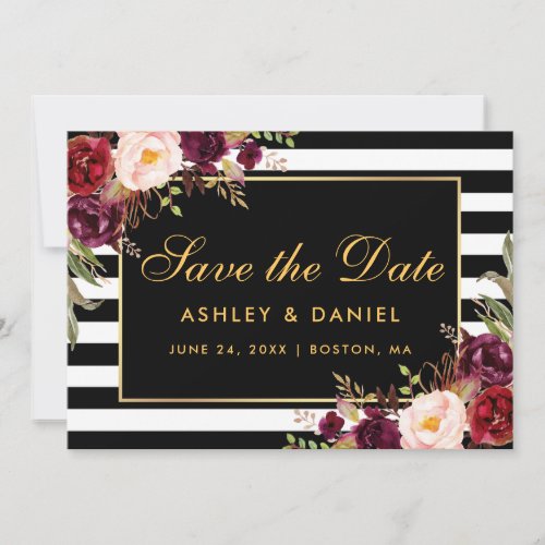 Watercolor Burgundy Floral Striped Save The Date