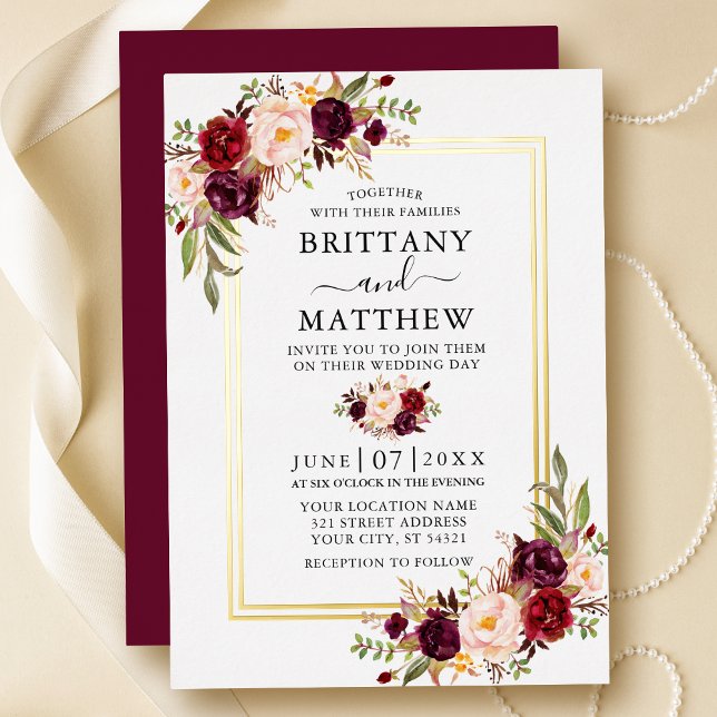 Watercolor Burgundy Floral Wedding 2 Frame Gold Foil Invitation (Customize to change text size, text style or color of back of card.)