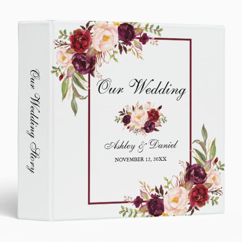 Watercolor Burgundy Floral Wedding 3 Ring Binder