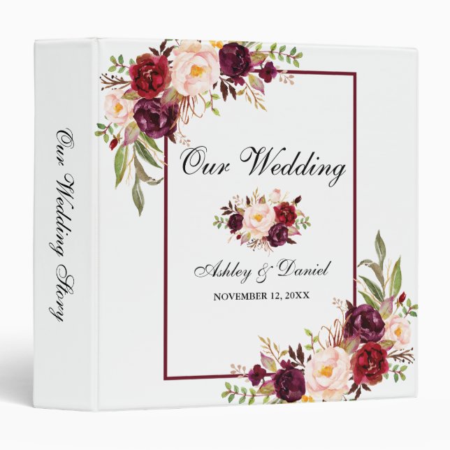 Watercolor Burgundy Floral Wedding 3 Ring Binder (Front/Spine)