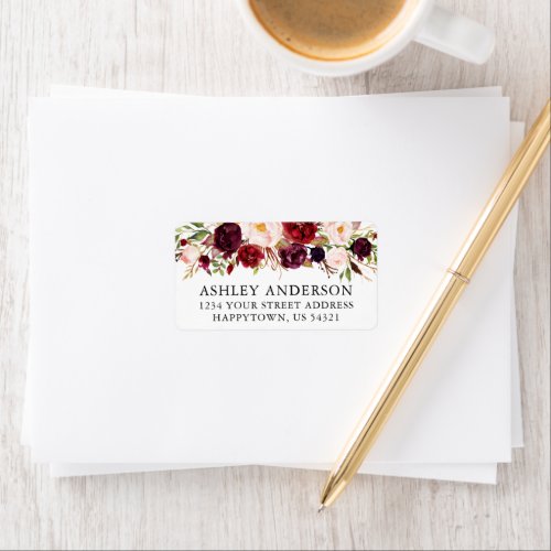 Watercolor Burgundy Floral Wedding Address Label