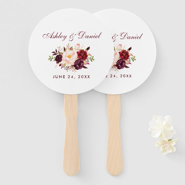 Watercolor Burgundy Floral Wedding B Hand Fan (Front and Back)