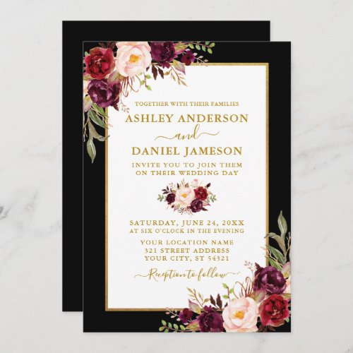 Watercolor Burgundy Floral Wedding Black Gold Invitation