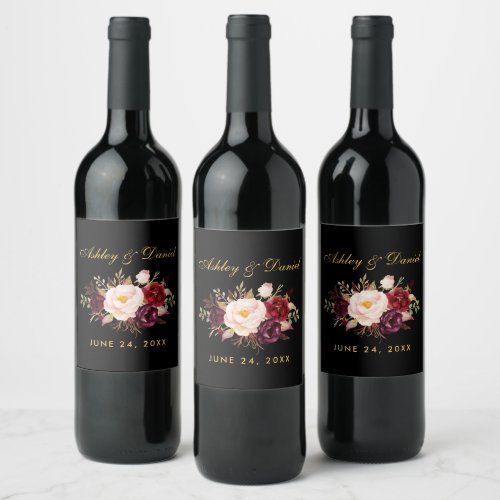 Watercolor Burgundy Floral Wedding Black Gold Wine Label